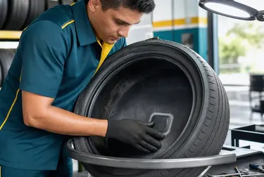 Mecânico consertando um pneu em uma borracharia.
