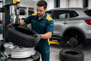 Profissional realizando a troca de um pneu em uma borracharia.