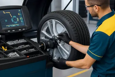 Profissional realizando balanceamento das rodas de um carro.