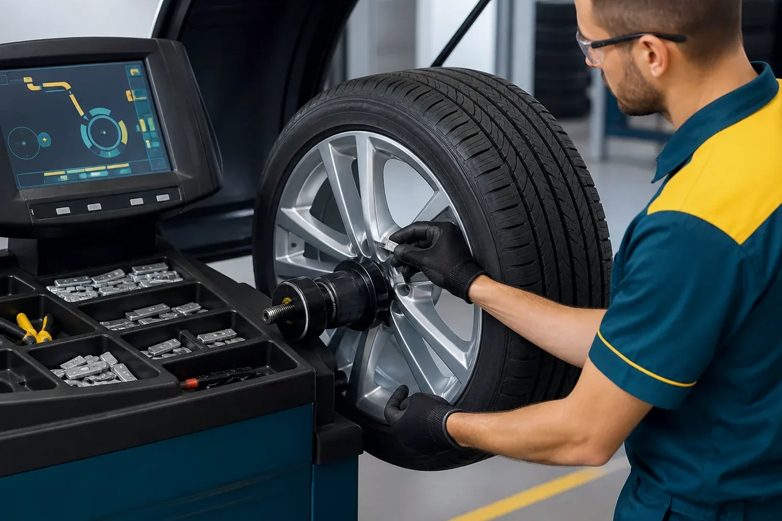 Profissional realizando balanceamento das rodas de um carro.