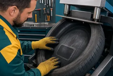 Técnico executando o processo de vulcanização de um pneu.